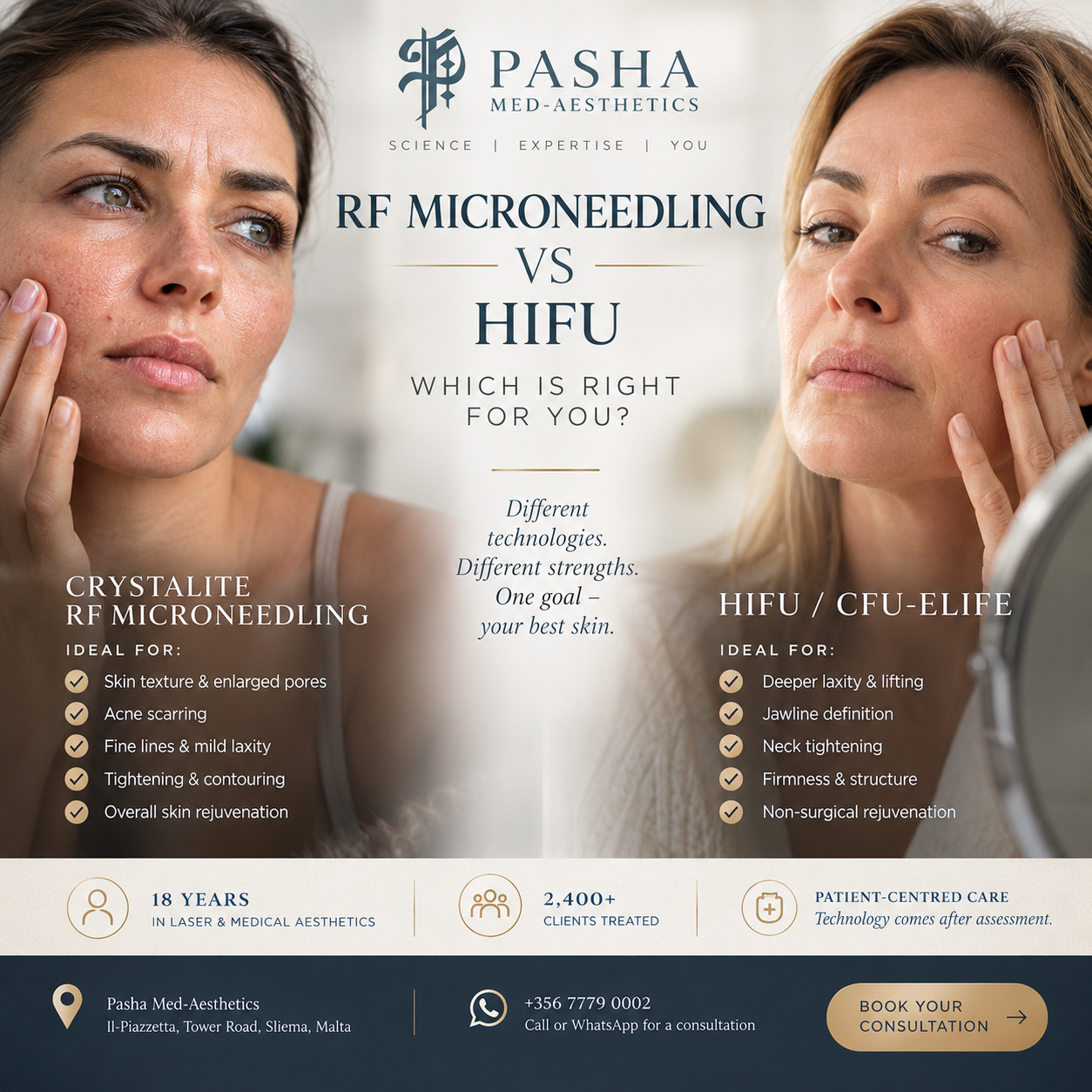 Crystalite RF microneedling and HIFU comparison by Pasha Med-Aesthetics